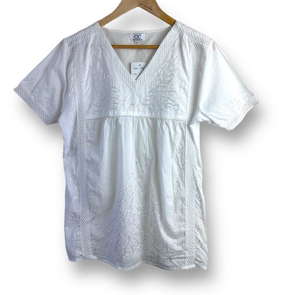 CC Chic Connection Women's L Short‎ Sleeve Embroidered Top White Cotton Coastal